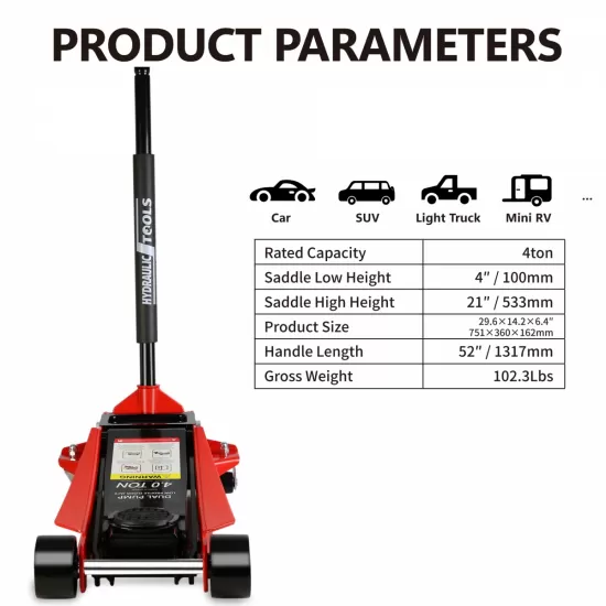 Floor Jack, 4 Ton Low Profile Floor Jack, Heavy-Duty Steel Racing Floor Jack with dual Piston Quick Lift Pump, Floor Jack Lifting Range 4 Inch-21 Inch Floor Jack, 4 Ton Low Profile Floor Jack, Heavy-Duty Steel Racing Floor Jack with dual Piston Quick Lift Pump, Floor Jack Lifting Range 4 Inch-21 Inch
