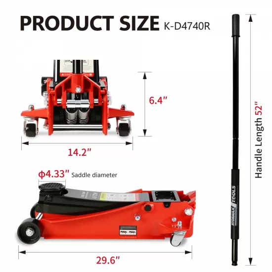Floor Jack, 4 Ton Low Profile Floor Jack, Heavy-Duty Steel Racing Floor Jack with dual Piston Quick Lift Pump, Floor Jack Lifting Range 4 Inch-21 Inch Floor Jack, 4 Ton Low Profile Floor Jack, Heavy-Duty Steel Racing Floor Jack with dual Piston Quick Lift Pump, Floor Jack Lifting Range 4 Inch-21 Inch