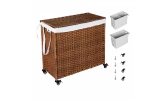  

Stylish and Functional Laundry Hamper with Lid, Wheels, and Removable Bags - 160L Brown PE Rattan Design