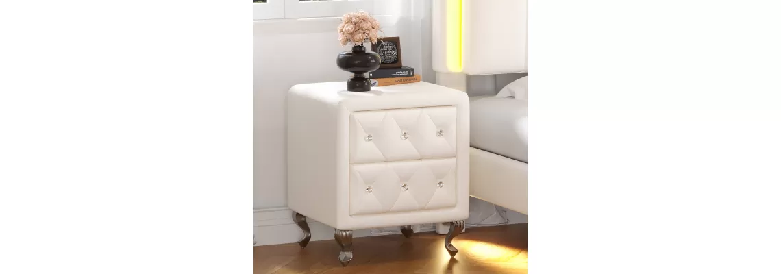 Elegant White PU Nightstand with Crystal Handles and Metal Legs - Perfect Storage Solution for Your Bedroom Elegant White PU Nightstand with Crystal Handles and Metal Legs - Perfect Storage Solution for Your Bedroom