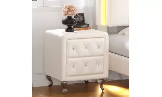 Elegant White PU Nightstand with Crystal Handles and Metal Legs - Perfect Storage Solution for Your Bedroom