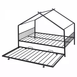 Full Size Metal House Bed with Twin Size Trundle, Black