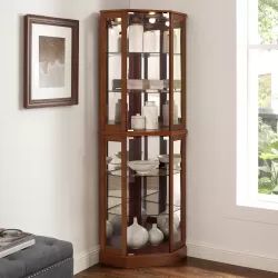 6 Shelf Corner Curio Display Cabinet with Lights, Mirrors and Adjustable Shelves, Walnut(E26 light bulb not included) 6 Shelf Corner Curio Display Cabinet with Lights, Mirrors and Adjustable Shelves, Walnut(E26 light bulb not included)