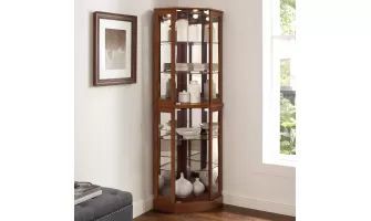 The Perfect Walnut Corner Curio Cabinet: 6-Shelf Display with Lights & Mirrors