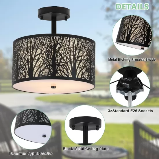 3-Light Drum Light with Etched Pattern Shade 3-Light Drum Light with Etched Pattern Shade