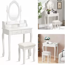 Vanity Table Set with 4 Drawer, Makeup Dressing Table w/Cushioned Stool, Girls Women Bedroom Furniture Set Oval Mirror Vanity Table Set with 4 Drawer, Makeup Dressing Table w/Cushioned Stool, Girls Women Bedroom Furniture Set Oval Mirror