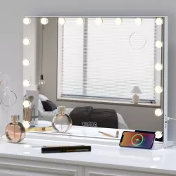 Hollywood Vanity Mirror with Speaker and Lights: 18 Bulbs, 3 Light Colors, Adjustable Brightness, USB Charging Port - Tabletop or Wall Mountable Beauty Mirror for Bedroom Hollywood Vanity Mirror with Speaker and Lights: 18 Bulbs, 3 Light Colors, Adjustable Brightness, USB Charging Port - Tabletop or Wall Mountable Beauty Mirror for Bedroom