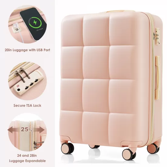 Luggage Set of 3, 20-inch with USB Port, Airline Certified Carry-on Luggage with Cup Holder, ABS Hard Shell Luggage with Spinner Wheels, pink Luggage Set of 3, 20-inch with USB Port, Airline Certified Carry-on Luggage with Cup Holder, ABS Hard Shell Luggage with Spinner Wheels, pink