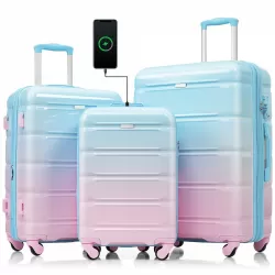 Luggage Set of 3, 20-inch with USB Port, Airline Certified Carry-on Luggage with Cup Holder, ABS+PC Hard Shell Luggage with Spinner Wheels, light blue Luggage Set of 3, 20-inch with USB Port, Airline Certified Carry-on Luggage with Cup Holder, ABS+PC Hard Shell Luggage with Spinner Wheels, light blue