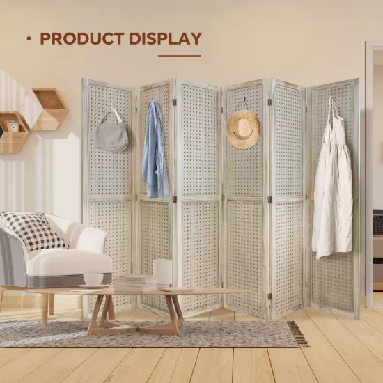 6 Panel Room Divider, 5.6Ft Pegboard Display Wooden Room Divider Folding Privacy Screen Room Divider Freestanding Peg Board Display for Trade Show Craft Show Home Wall Organizer, Natural Wood 6 Panel Room Divider, 5.6Ft Pegboard Display Wooden Room Divider Folding Privacy Screen Room Divider Freestanding Peg Board Display for Trade Show Craft Show Home Wall Organizer, Natural Wood