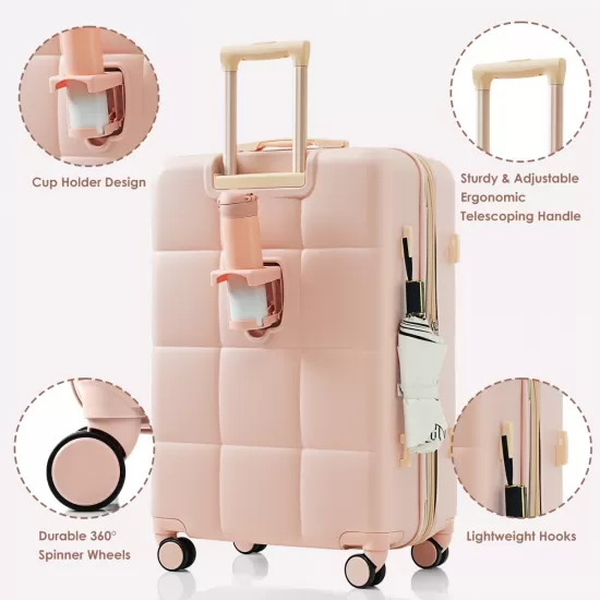 Luggage Set of 3, 20-inch with USB Port, Airline Certified Carry-on Luggage with Cup Holder, ABS Hard Shell Luggage with Spinner Wheels, pink Luggage Set of 3, 20-inch with USB Port, Airline Certified Carry-on Luggage with Cup Holder, ABS Hard Shell Luggage with Spinner Wheels, pink