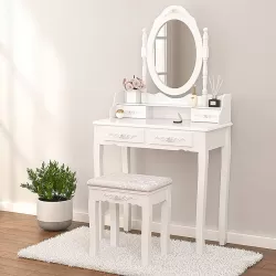 Vanity Table Set with 4 Drawer, Makeup Dressing Table w/Cushioned Stool, Girls Women Bedroom Furniture Set Oval Mirror Vanity Table Set with 4 Drawer, Makeup Dressing Table w/Cushioned Stool, Girls Women Bedroom Furniture Set Oval Mirror