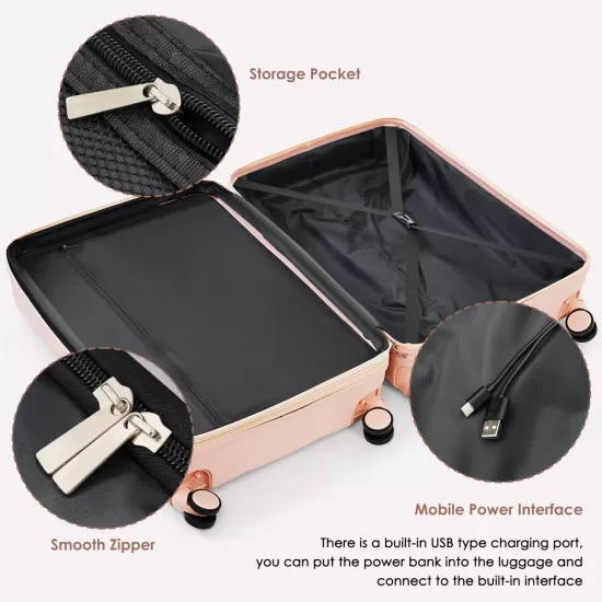 Luggage Set of 3, 20-inch with USB Port, Airline Certified Carry-on Luggage with Cup Holder, ABS Hard Shell Luggage with Spinner Wheels, pink Luggage Set of 3, 20-inch with USB Port, Airline Certified Carry-on Luggage with Cup Holder, ABS Hard Shell Luggage with Spinner Wheels, pink