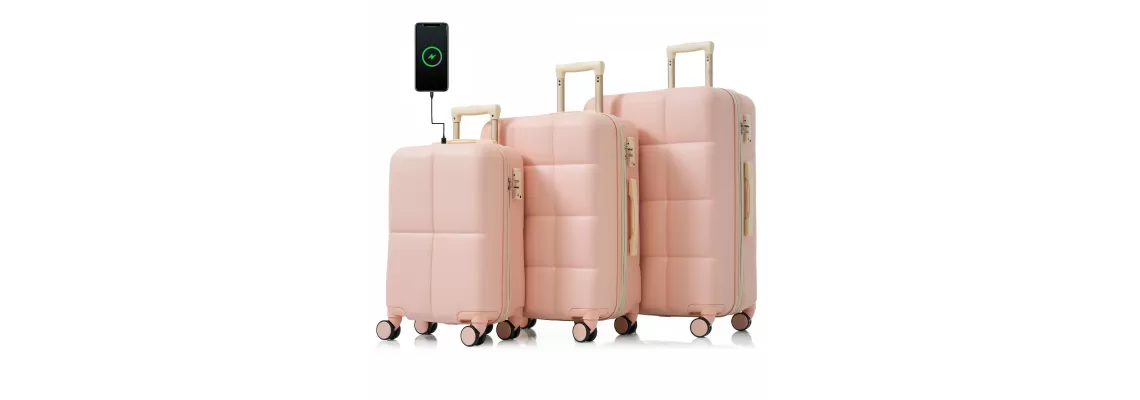 Travel in Style with a Pink 3-Piece Luggage Set Featuring USB Port and Cup Holder Travel in Style with a Pink 3-Piece Luggage Set Featuring USB Port and Cup Holder