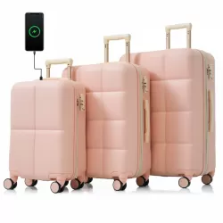 Luggage Set of 3, 20-inch with USB Port, Airline Certified Carry-on Luggage with Cup Holder, ABS Hard Shell Luggage with Spinner Wheels, pink Luggage Set of 3, 20-inch with USB Port, Airline Certified Carry-on Luggage with Cup Holder, ABS Hard Shell Luggage with Spinner Wheels, pink