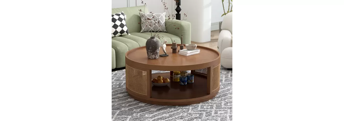 Mid-Century Modern Elegance: U-Can 37'' Round Wooden Coffee Table with Cane Sides for Your Living Room Mid-Century Modern Elegance: U-Can 37'' Round Wooden Coffee Table with Cane Sides for Your Living Room