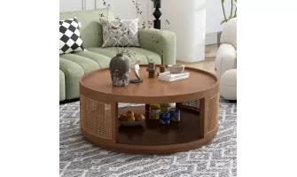 Mid-Century Modern Elegance: U-Can 37'' Round Wooden Coffee Table with Cane Sides for Your Living Room