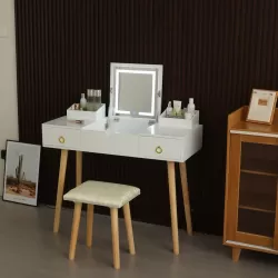 Vanity Desk Set with LED Lighted Mirror & Power Outlet, Flip Top Makeup Vanity Table with Drawers & Cabinet, for Bedroom, Bathroom, Vanity Desk Set with LED Lighted Mirror & Power Outlet, Flip Top Makeup Vanity Table with Drawers & Cabinet, for Bedroom, Bathroom,