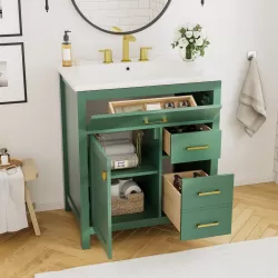 30-Inch Green Bathroom Vanity with Ceramic Sink and Ample Storage - Ideal Choice for Small Bathrooms 30-Inch Green Bathroom Vanity with Ceramic Sink and Ample Storage - Ideal Choice for Small Bathrooms