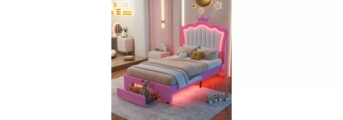 Modern Twin Size Upholstered Princess Bed with LED Lights and Crown Headboard – Only $230.29 Modern Twin Size Upholstered Princess Bed with LED Lights and Crown Headboard – Only $230.29