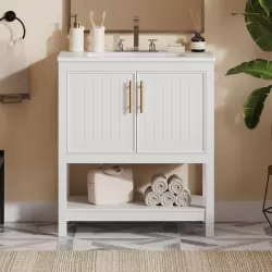 30-Inch White Bathroom Vanity with Ceramic Sink and Versatile Storage - Ideal for Small Bathrooms 30-Inch White Bathroom Vanity with Ceramic Sink and Versatile Storage - Ideal for Small Bathrooms