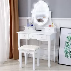 Makeup Vanity Desk and Stool Set, Vanity Mirror with Lights and Table Set, Small Vanity Table for Bedroom (White) Makeup Vanity Desk and Stool Set, Vanity Mirror with Lights and Table Set, Small Vanity Table for Bedroom (White)