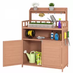 Potting Bench Outdoor Gardening Table for Outside Wood Garden Planting Workstation Work Benches with Large Storage Cabinet & Top Shelf for Patio Potting Bench Outdoor Gardening Table for Outside Wood Garden Planting Workstation Work Benches with Large Storage Cabinet & Top Shelf for Patio