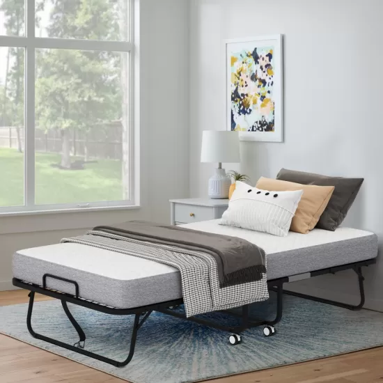 Folding Bed with Mattress 75 Inch x 46 Inch Rollaway Guest Bed Portable Foldable Bed for Adults with 5 Inch Memory Foam Mattress Space-Saving Sturdy Metal Frame Folding Bed with Mattress 75 Inch x 46 Inch Rollaway Guest Bed Portable Foldable Bed for Adults with 5 Inch Memory Foam Mattress Space-Saving Sturdy Metal Frame