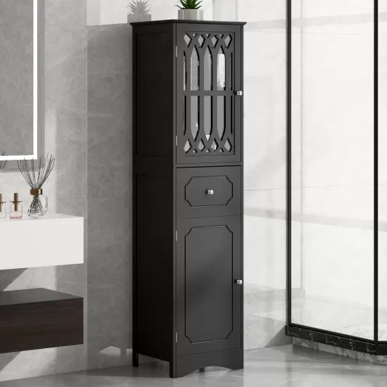 Tall Bathroom Cabinet, Freestanding Storage Cabinet with Drawer and Doors, MDF Board, Acrylic Door, Adjustable Shelf, Black Tall Bathroom Cabinet, Freestanding Storage Cabinet with Drawer and Doors, MDF Board, Acrylic Door, Adjustable Shelf, Black