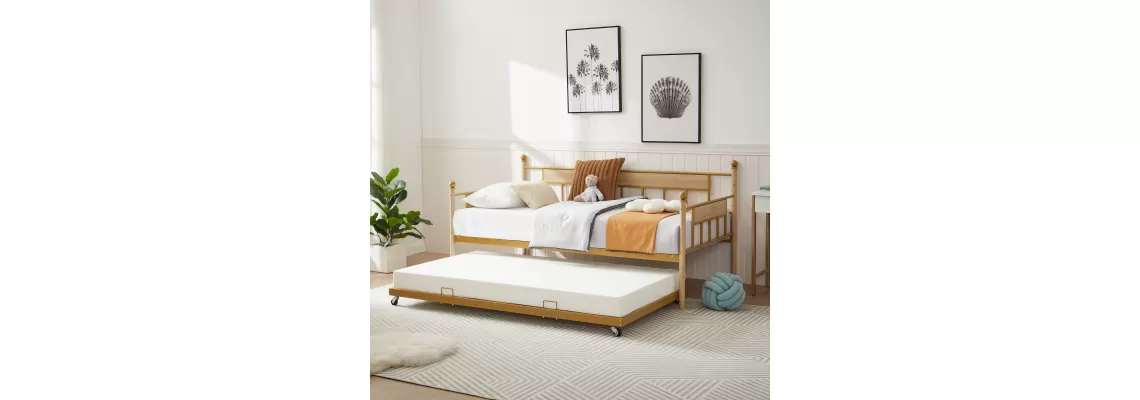 Golden Metal Daybed with Trundle: Stylish and Space-Saving Twin Sleeper
Golden Metal Daybed with Trundle: Stylish and Space-Saving Twin Sleeper
