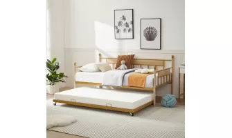   

Golden Metal Daybed with Trundle: Stylish and Space-Saving Twin Sleeper