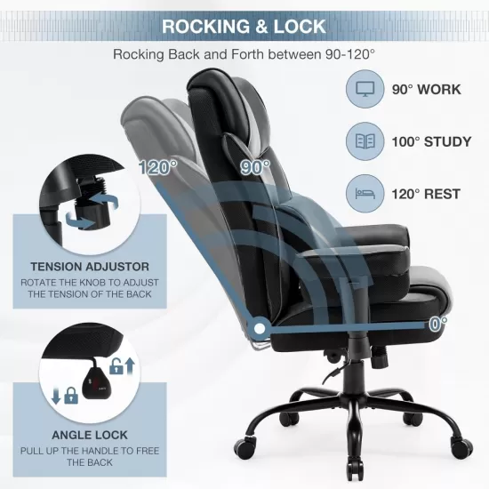 High Back Office Chair, 400lbs Rocking Desk Chair, Ergonomic Executive Office Chair with Adjustable Padded Armrest and Massage Lumbar Support, Adjustable Height Chair (Black) High Back Office Chair, 400lbs Rocking Desk Chair, Ergonomic Executive Office Chair with Adjustable Padded Armrest and Massage Lumbar Support, Adjustable Height Chair (Black)
