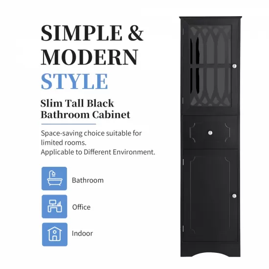 Tall Bathroom Cabinet, Freestanding Storage Cabinet with Drawer and Doors, MDF Board, Acrylic Door, Adjustable Shelf, Black Tall Bathroom Cabinet, Freestanding Storage Cabinet with Drawer and Doors, MDF Board, Acrylic Door, Adjustable Shelf, Black