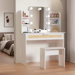 Vanity Desk Set Stool & Dressing Table with LED Lighting Mirror Drawer and Compartments Modern Wood Cosmetic Table Chest of Drawers White Color Vanity Desk Set Stool & Dressing Table with LED Lighting Mirror Drawer and Compartments Modern Wood Cosmetic Table Chest of Drawers White Color