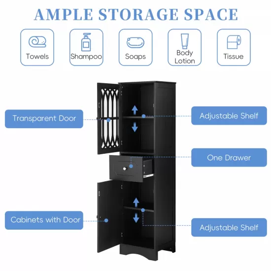 Tall Bathroom Cabinet, Freestanding Storage Cabinet with Drawer and Doors, MDF Board, Acrylic Door, Adjustable Shelf, Black Tall Bathroom Cabinet, Freestanding Storage Cabinet with Drawer and Doors, MDF Board, Acrylic Door, Adjustable Shelf, Black