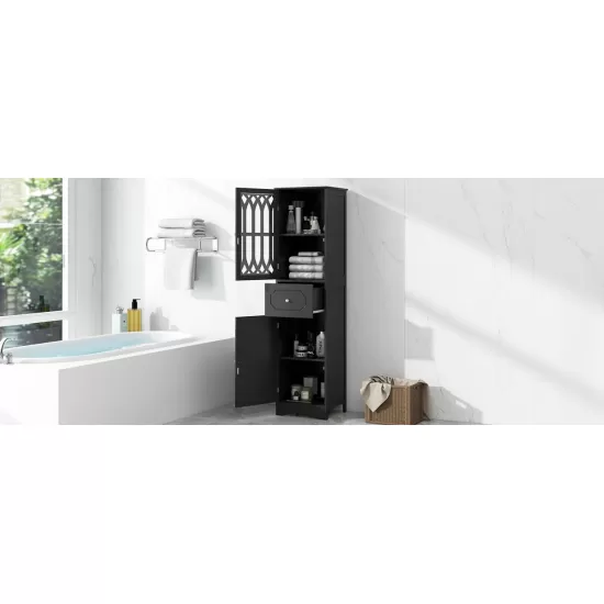 Tall Bathroom Cabinet, Freestanding Storage Cabinet with Drawer and Doors, MDF Board, Acrylic Door, Adjustable Shelf, Black Tall Bathroom Cabinet, Freestanding Storage Cabinet with Drawer and Doors, MDF Board, Acrylic Door, Adjustable Shelf, Black