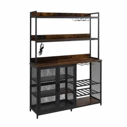 Coffee Bar Cabinet with Power Outlet, Industrial Buffet Cabinet with LED Strip and Glass Holder, 3-Tiers Liquor Cabinet Bar for Home, Dining Room, Kitchen, Vintage Brown Coffee Bar Cabinet with Power Outlet, Industrial Buffet Cabinet with LED Strip and Glass Holder, 3-Tiers Liquor Cabinet Bar for Home, Dining Room, Kitchen, Vintage Brown
