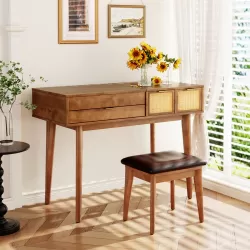 43.3 Inch Classic Wood Makeup Vanity Set with Flip-top Mirror and Stool, Dressing Table with Three Drawers and storage space, Brown 43.3 Inch Classic Wood Makeup Vanity Set with Flip-top Mirror and Stool, Dressing Table with Three Drawers and storage space, Brown