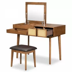 43.3 Inch Classic Wood Makeup Vanity Set with Flip-top Mirror and Stool, Dressing Table with Three Drawers and storage space, Brown 43.3 Inch Classic Wood Makeup Vanity Set with Flip-top Mirror and Stool, Dressing Table with Three Drawers and storage space, Brown