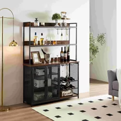 Coffee Bar Cabinet with Power Outlet, Industrial Buffet Cabinet with LED Strip and Glass Holder, 3-Tiers Liquor Cabinet Bar for Home, Dining Room, Kitchen, Vintage Brown Coffee Bar Cabinet with Power Outlet, Industrial Buffet Cabinet with LED Strip and Glass Holder, 3-Tiers Liquor Cabinet Bar for Home, Dining Room, Kitchen, Vintage Brown