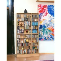 Media Shelving Unit, 6 Fixed Shelves, 30 Adjustable Shelves, Wide Base for Stability in Maple