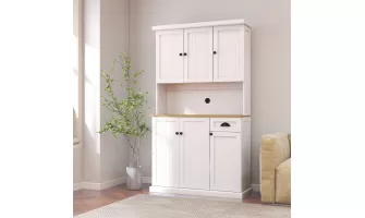   

71 Inch White Kitchen Pantry Storage Cabinet with Microwave Oven Countertop – Freestanding Hutch with Adjustable Shelves, 6 Doors