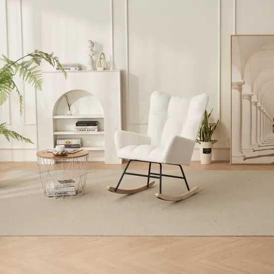 Rocking Chair Nursery, Solid Wood Legs Reading Chair with Teddy Fabric Upholstered , Nap Armchair for Living Rooms, Bedrooms, Offices, Best Gift,White Teddy fabric Rocking Chair Nursery, Solid Wood Legs Reading Chair with Teddy Fabric Upholstered , Nap Armchair for Living Rooms, Bedrooms, Offices, Best Gift,White Teddy fabric