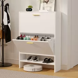 2 Drawer All Steel Large Shoe Cabinet, Freestanding Shoe Rack Organizer with Flip Door, 2 Tiers Modern Tipping Bucket Shoe Cabinet for Entryway, Hallway, Bedroom, White (Requires Assembly) 2 Drawer All Steel Large Shoe Cabinet, Freestanding Shoe Rack Organizer with Flip Door, 2 Tiers Modern Tipping Bucket Shoe Cabinet for Entryway, Hallway, Bedroom, White (Requires Assembly)