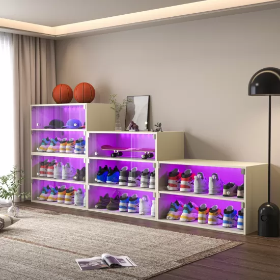 Off white Glass Door Shoe Box Shoe Storage Cabinet For Sneakers With RGB Led Light Off white Glass Door Shoe Box Shoe Storage Cabinet For Sneakers With RGB Led Light