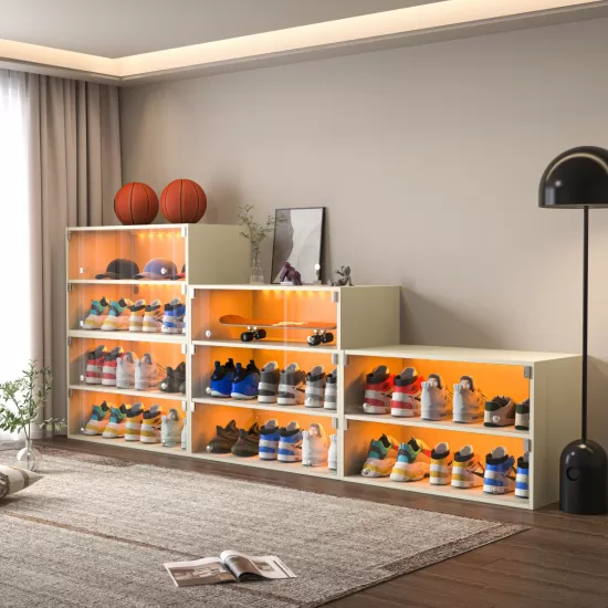 Off white Glass Door Shoe Box Shoe Storage Cabinet For Sneakers With RGB Led Light Off white Glass Door Shoe Box Shoe Storage Cabinet For Sneakers With RGB Led Light