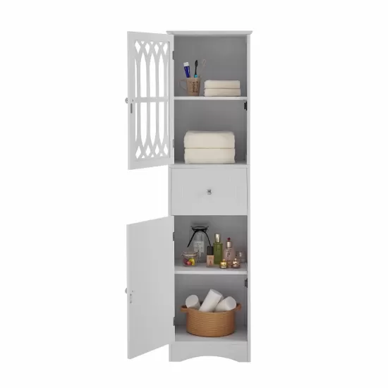 Tall Bathroom Cabinet, Freestanding Storage Cabinet with Drawer and Doors, MDF Board, Acrylic Door, Adjustable Shelf, White Tall Bathroom Cabinet, Freestanding Storage Cabinet with Drawer and Doors, MDF Board, Acrylic Door, Adjustable Shelf, White