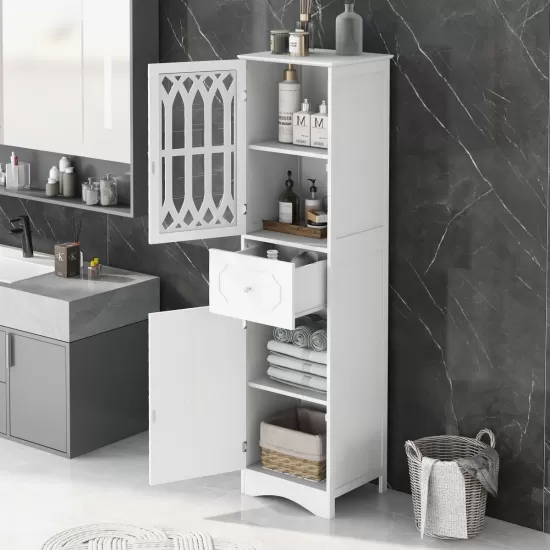 Tall Bathroom Cabinet, Freestanding Storage Cabinet with Drawer and Doors, MDF Board, Acrylic Door, Adjustable Shelf, White Tall Bathroom Cabinet, Freestanding Storage Cabinet with Drawer and Doors, MDF Board, Acrylic Door, Adjustable Shelf, White