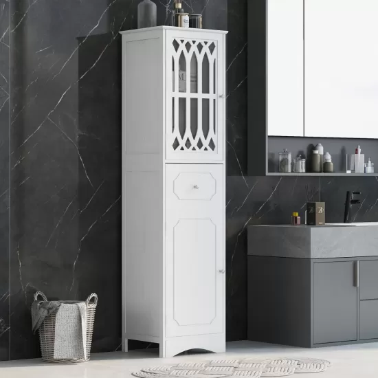 Tall Bathroom Cabinet, Freestanding Storage Cabinet with Drawer and Doors, MDF Board, Acrylic Door, Adjustable Shelf, White Tall Bathroom Cabinet, Freestanding Storage Cabinet with Drawer and Doors, MDF Board, Acrylic Door, Adjustable Shelf, White