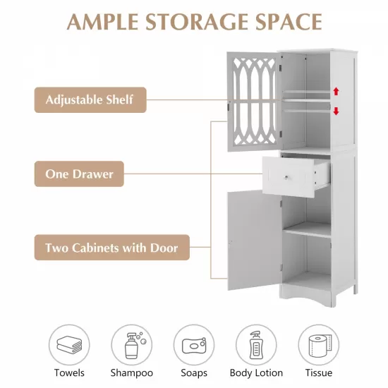 Tall Bathroom Cabinet, Freestanding Storage Cabinet with Drawer and Doors, MDF Board, Acrylic Door, Adjustable Shelf, White Tall Bathroom Cabinet, Freestanding Storage Cabinet with Drawer and Doors, MDF Board, Acrylic Door, Adjustable Shelf, White